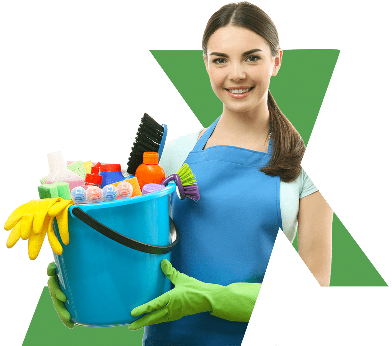 Imagem de uma mulher segurando um balde com produtos de limpeza